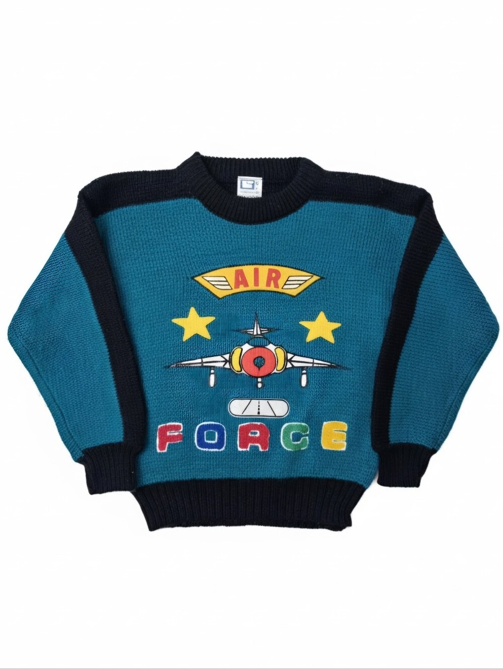 Vintage 80s 90s Chweleco Air Force Knit Sweater Teal Blue Black Kids Size 5